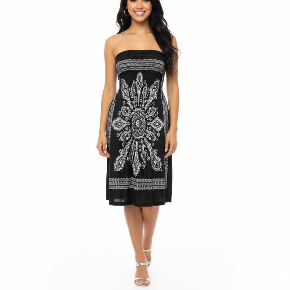 Venus Boho Paisley Tube Dress Smocked Bodice Black & White Y2K Size Small